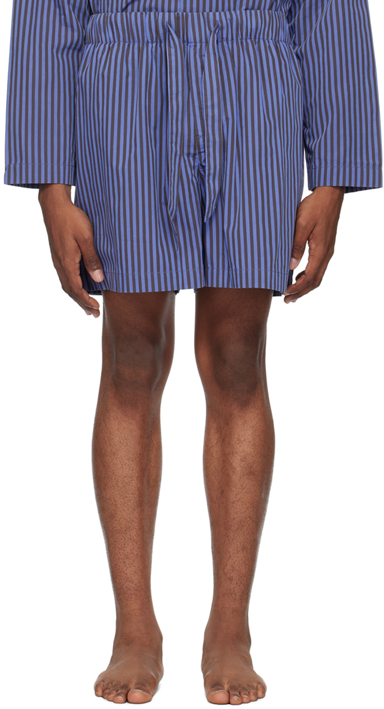 Shop Tekla Brown & Blue Drawstring Pyjama Shorts In Verneuil Stripes