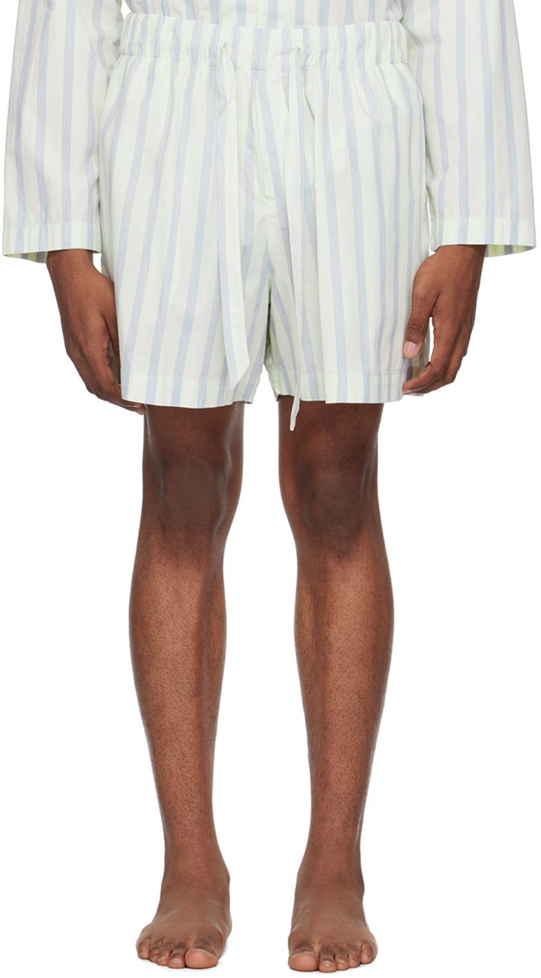 Shop Tekla Off-white & Blue Drawstring Pyjama Shorts In Needle Stripes