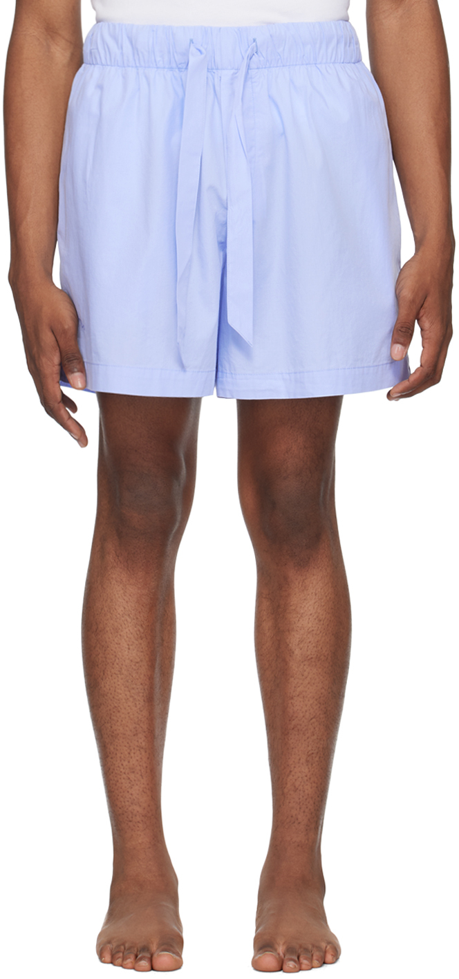 Shop Tekla Blue Drawstring Pyjama Shorts In Shirt Blue