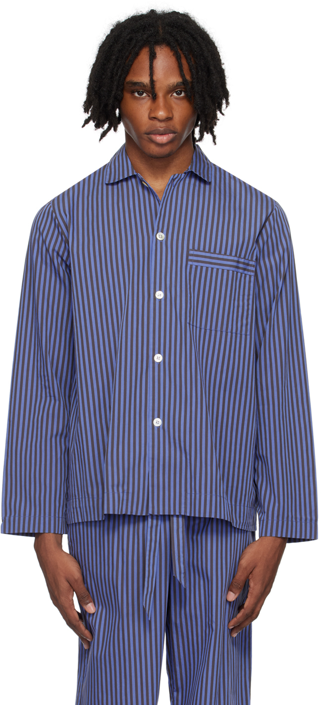 Shop Tekla Blue & Brown Long Sleeve Pyjama Shirt In Verneuil Stripes