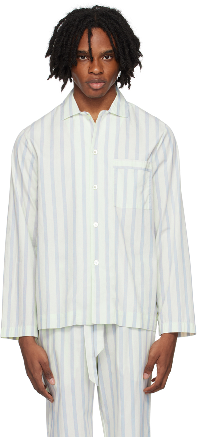 Shop Tekla Off-white Long Sleeve Pyjama Shirt In Needle Stripes