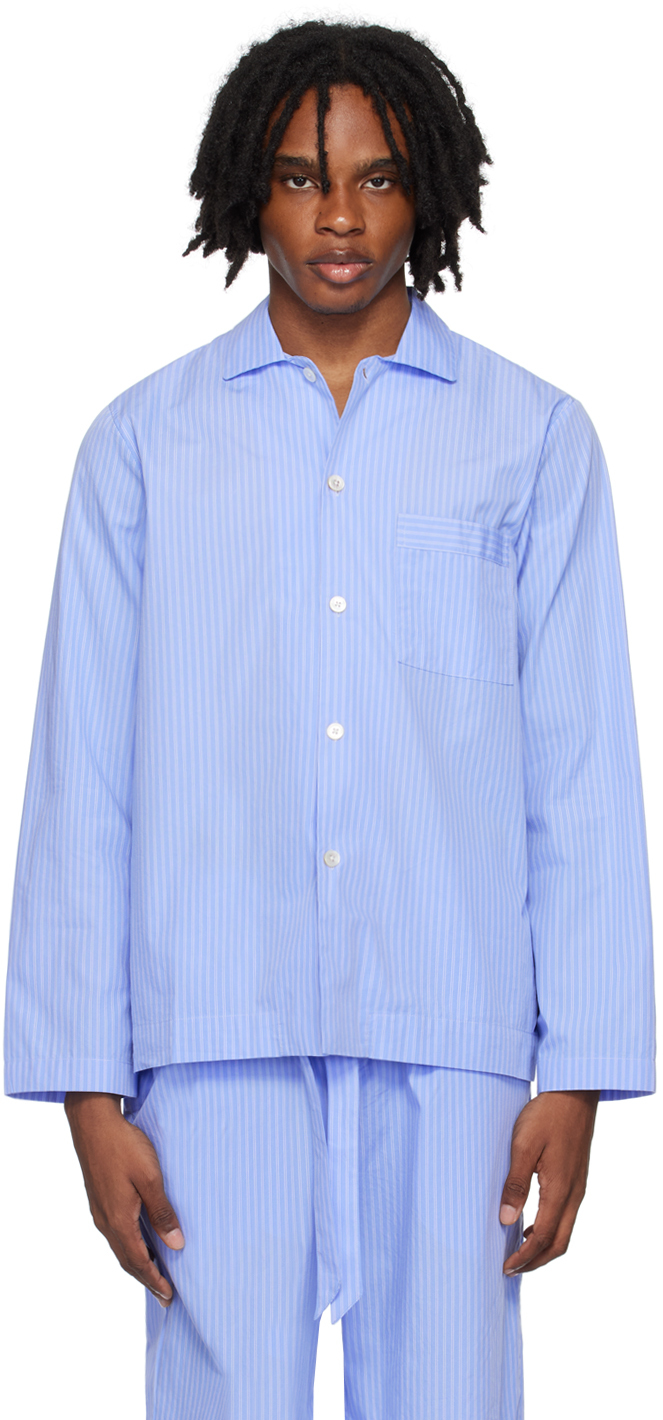 Shop Tekla Blue Long Sleeve Pyjama Shirt In Pin Stripes