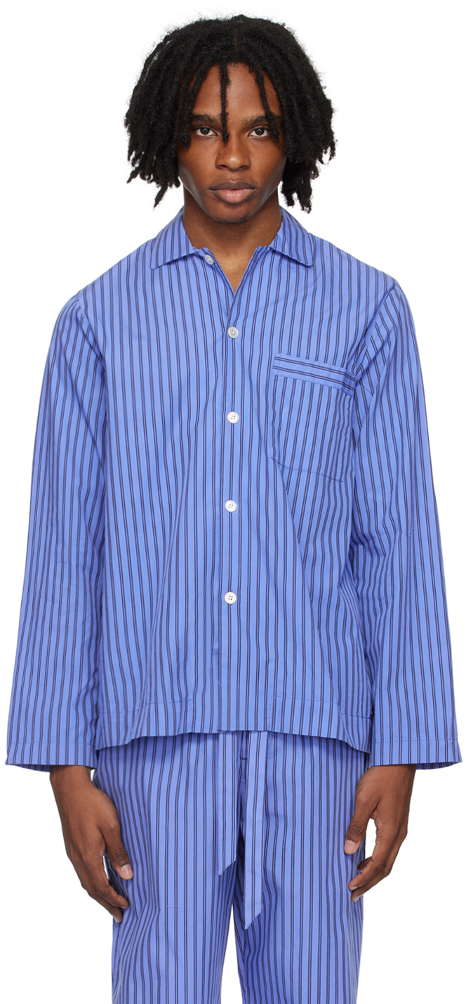Tekla Blue Long Sleeve Pyjama Shirt In Boro Stripes