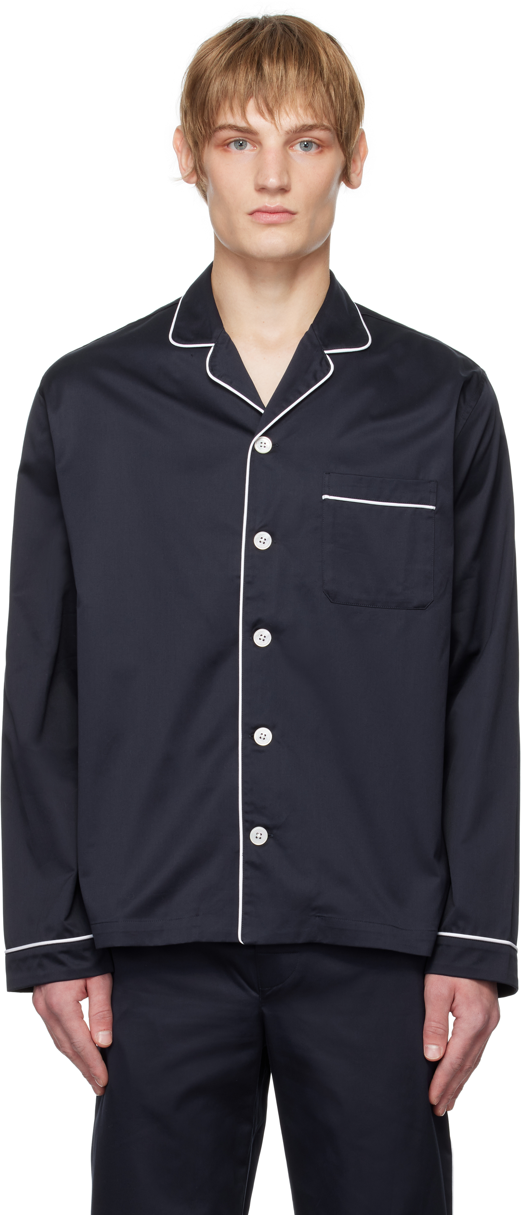 Navy Sateen Long-Sleeved Pyjama Shirt