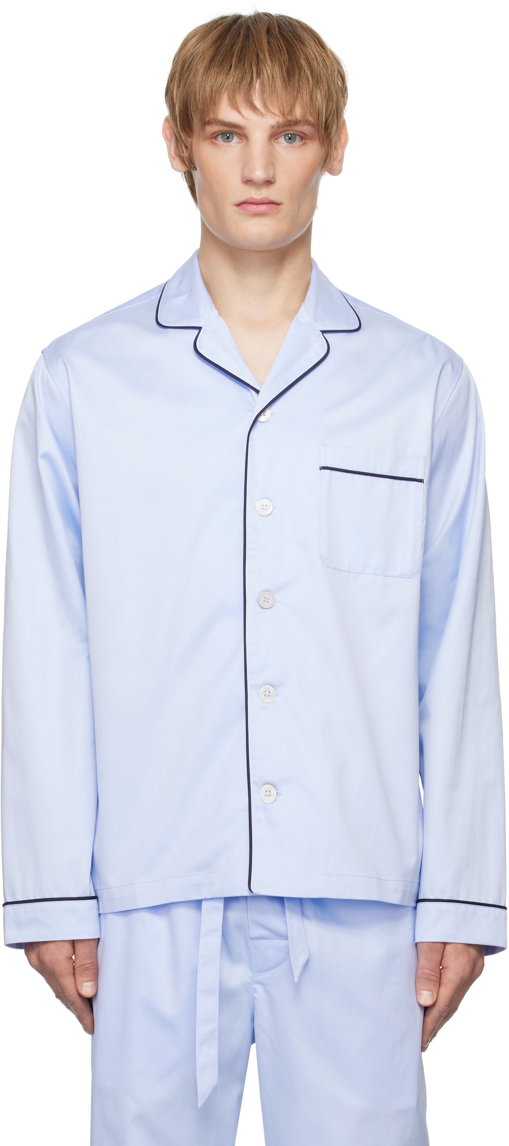 Shop Tekla Blue Sateen Long-sleeved Pyjama Shirt In Bellhop