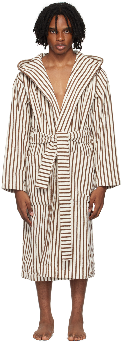 Shop Tekla Brown & Off-white Hooded Bathrobe In Kodiak Stripes