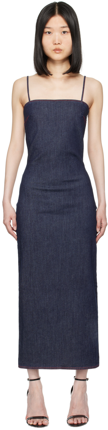 Alaïa Blue Spaghetti Strap Denim Midi Dress In 530 - Bleu Fonce