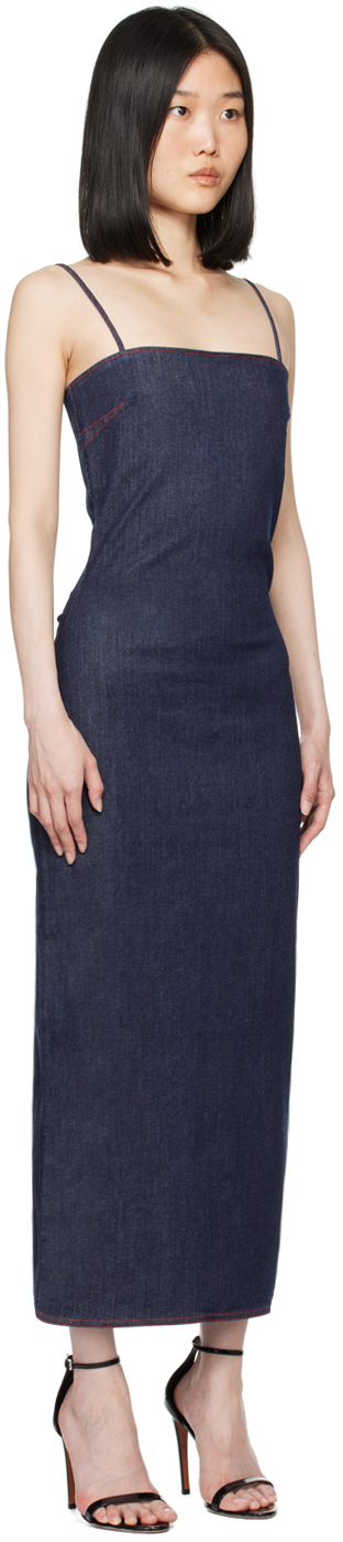 Alaïa Blue Spaghetti Strap Denim Midi Dress In 530 - Bleu Fonce