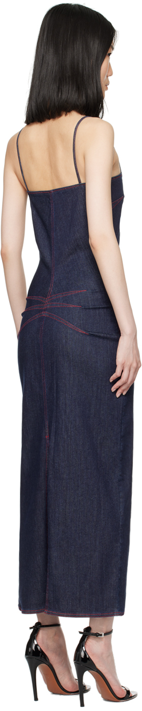 Alaïa Blue Spaghetti Strap Denim Midi Dress In 530 - Bleu Fonce