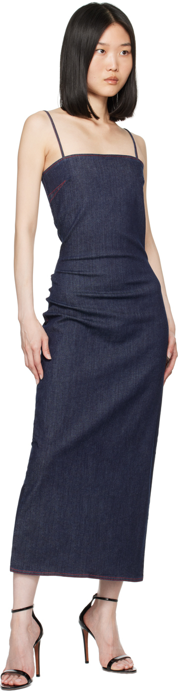 Alaïa Blue Spaghetti Strap Denim Midi Dress In 530 - Bleu Fonce