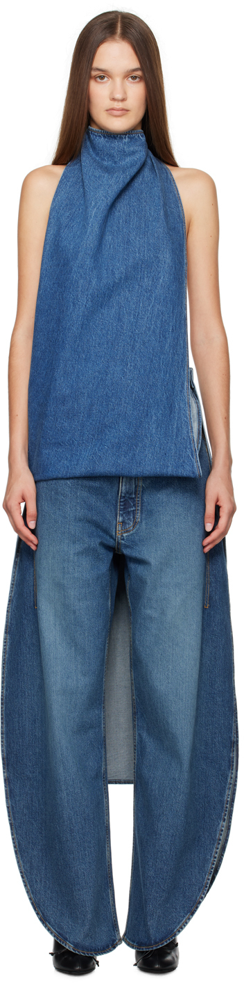 Shop Alaïa Blue Asymmetric Cape Denim Top In 525 - Bleu Vintage