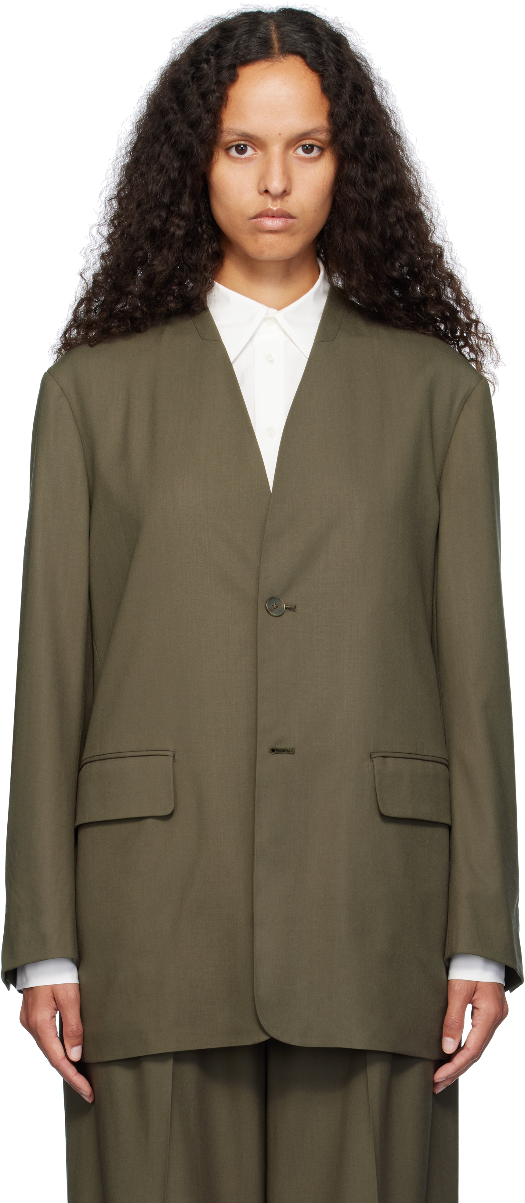 Khaki Super Fine Tropical Wool No Collar Blazer