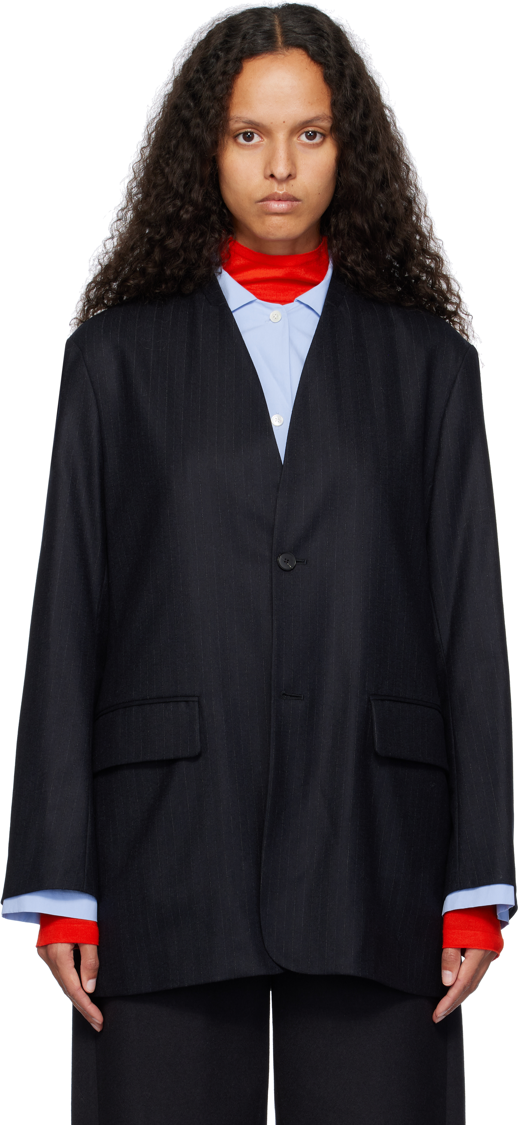 Shop Auralee Navy Wool Fulling Flannel Stripe Blazer In Top Dark Navy