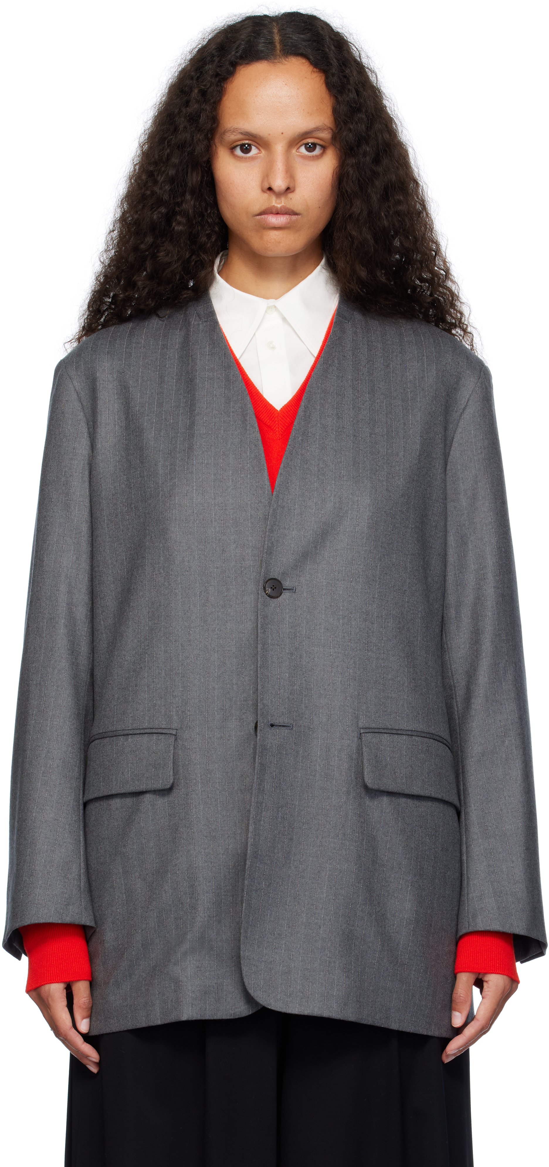 Shop Auralee Gray Wool Fulling Flannel Stripe Blazer In Top Gray