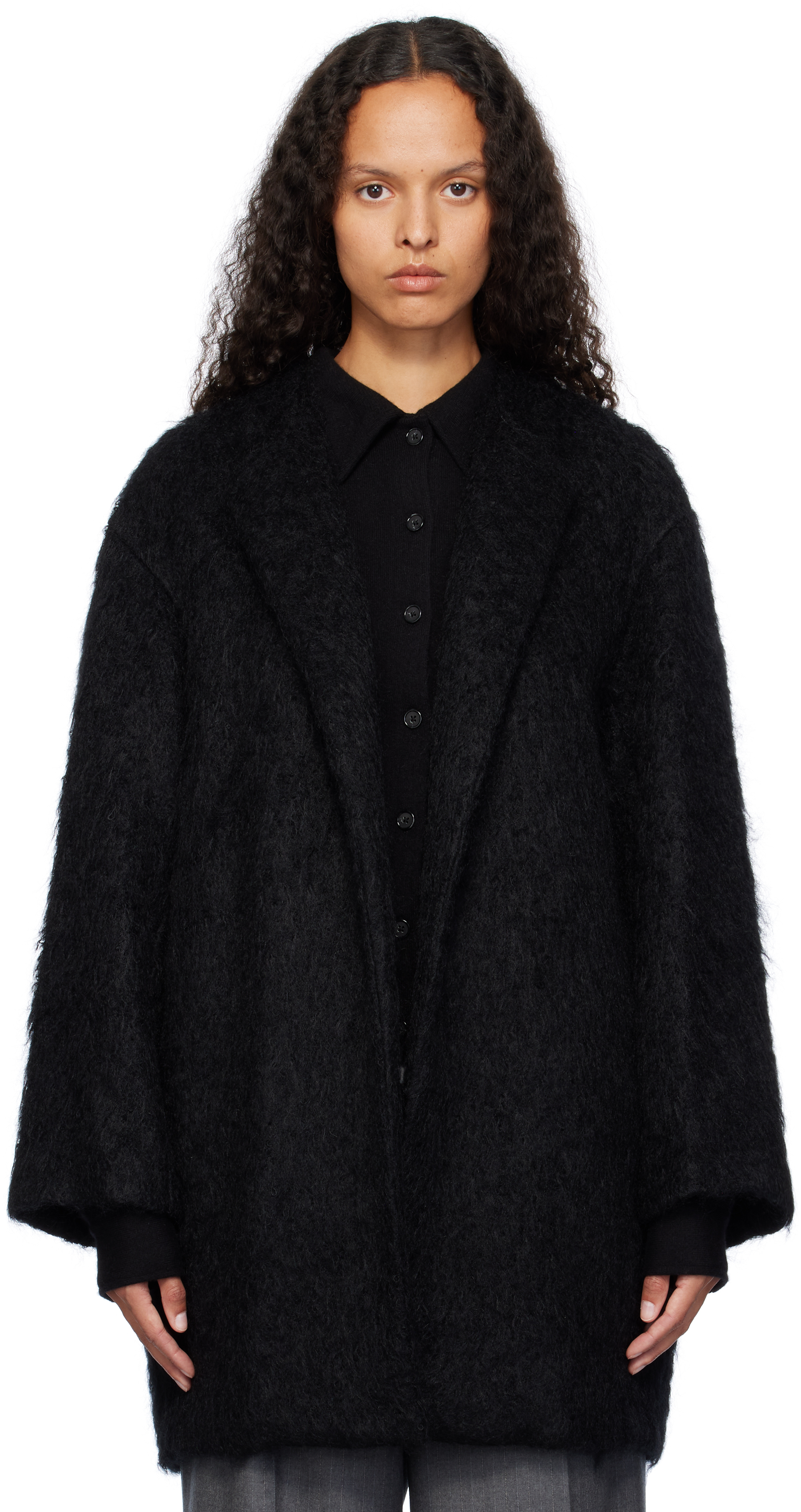 Black Brushed Mohair Shaggy Coat