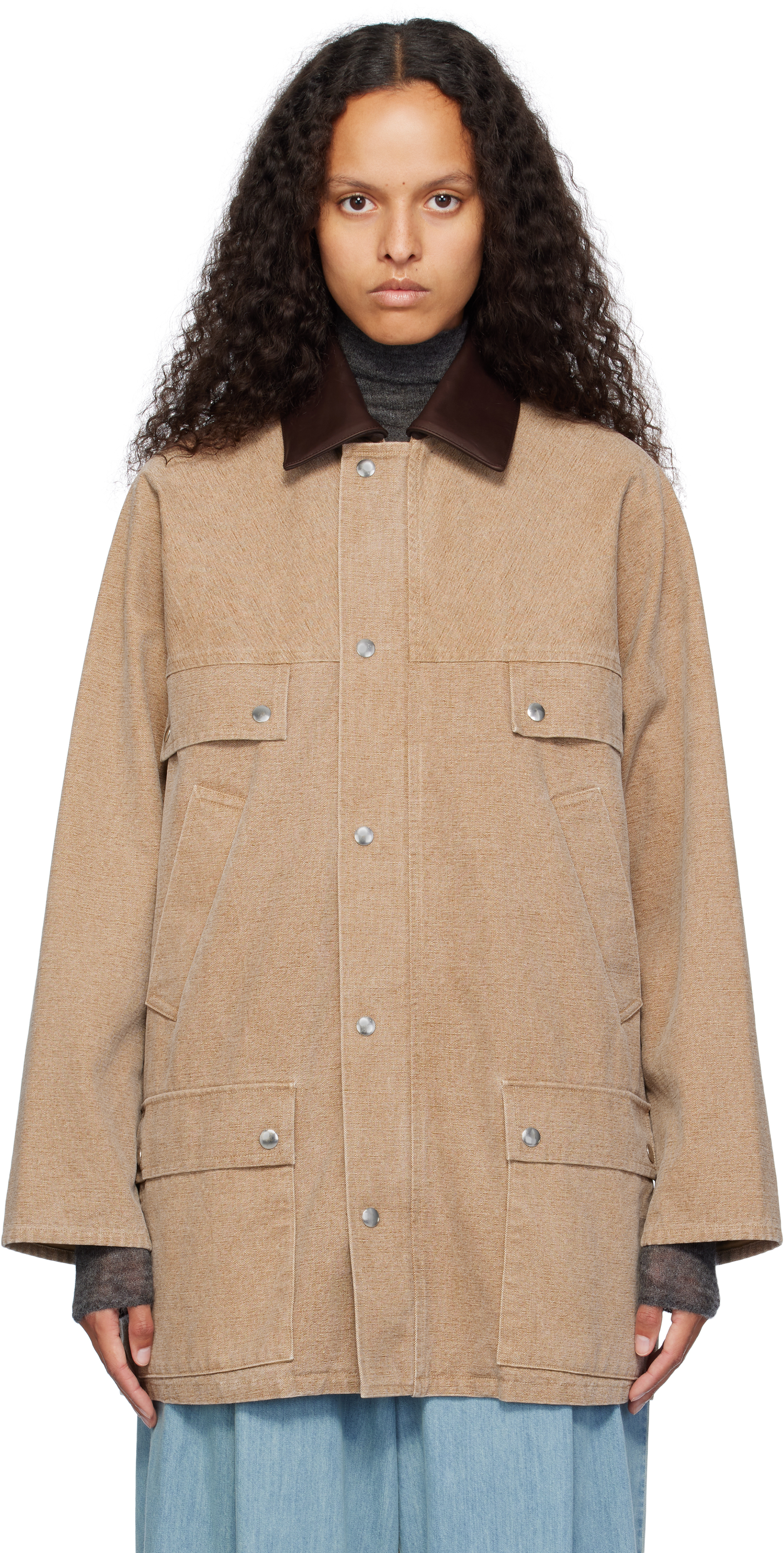 Shop Auralee Brown Washed Organic Canvas Hunting Jacket In Light Brown