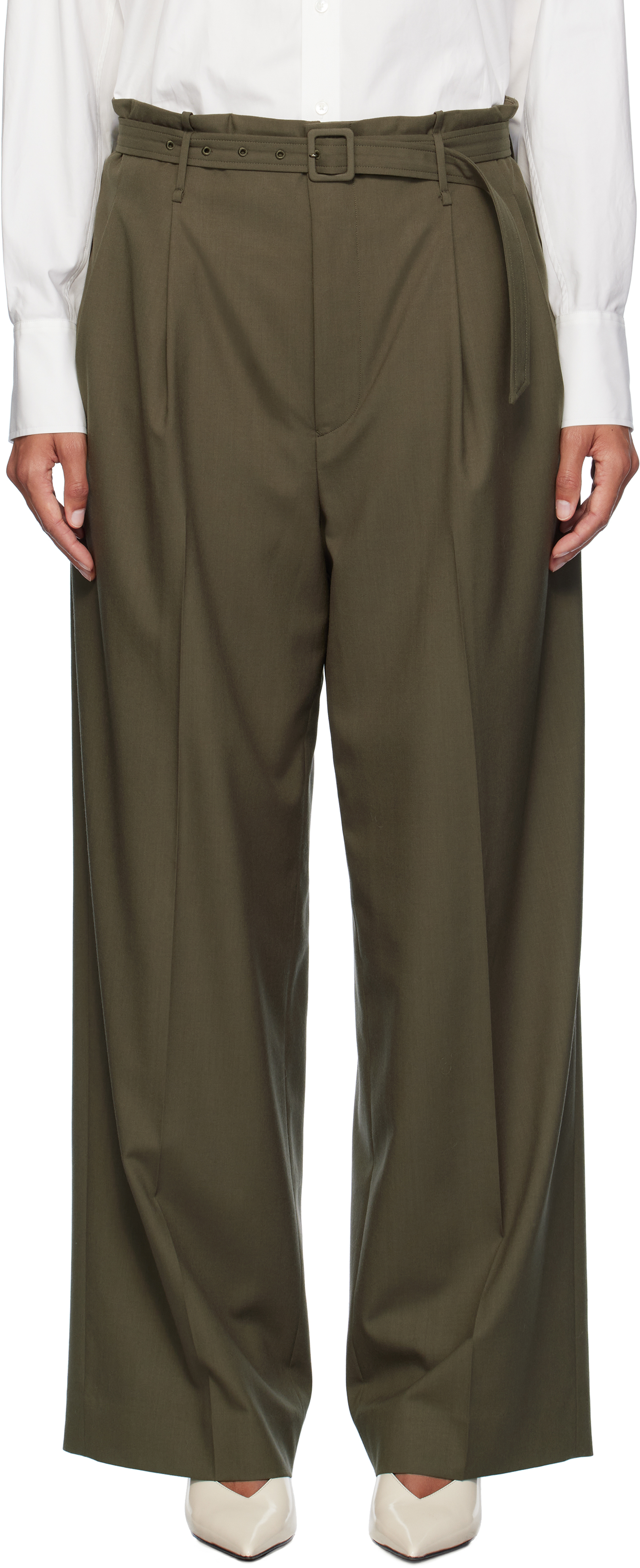 Shop Auralee Khaki Super Fine Tropical Wool Trousers In Dark Khaki