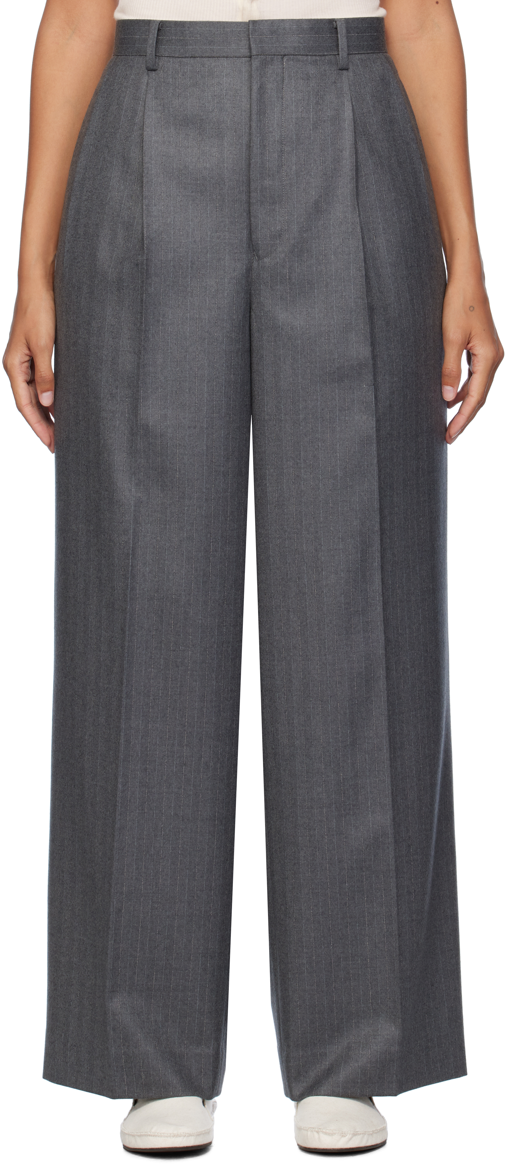 Shop Auralee Gray Wool Fulling Flannel Stripe Trousers In Top Gray