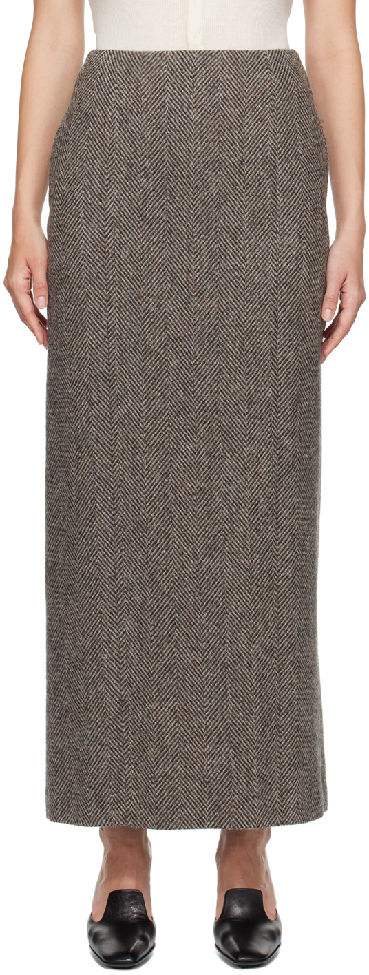 Khaki Lama Shetland Wool Tweed Maxi Skirt