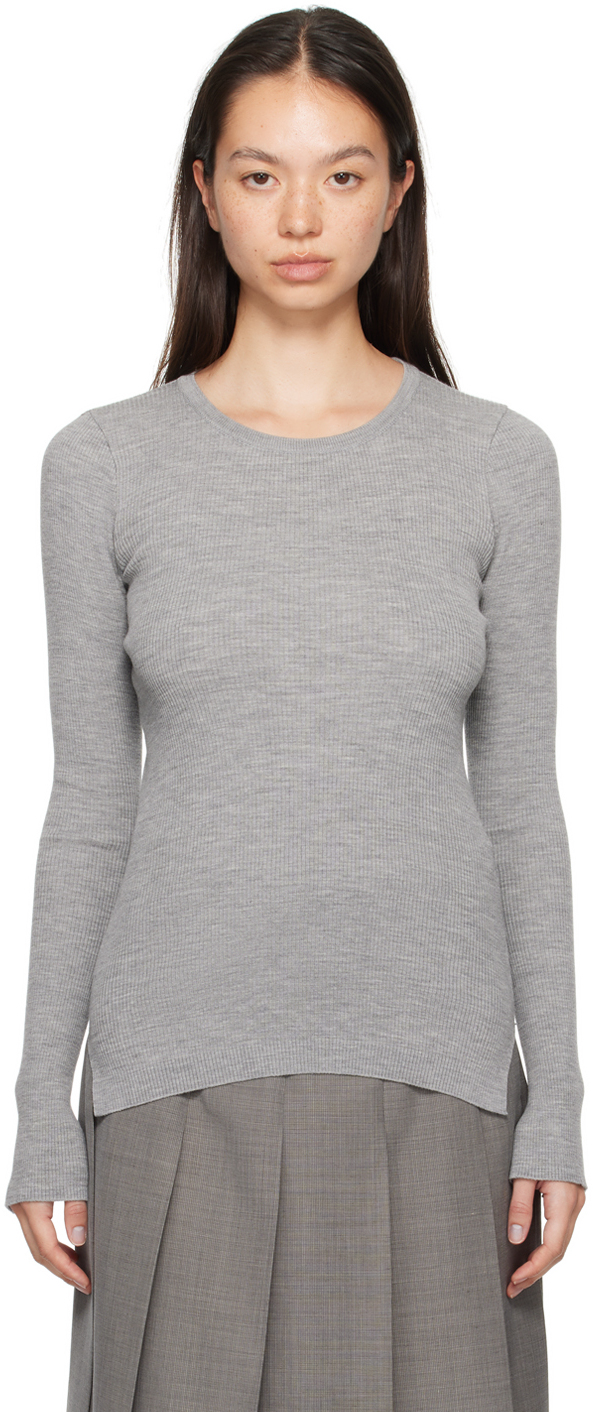 Gray Super Fine Wool High Gauge Rib Knit Sweater