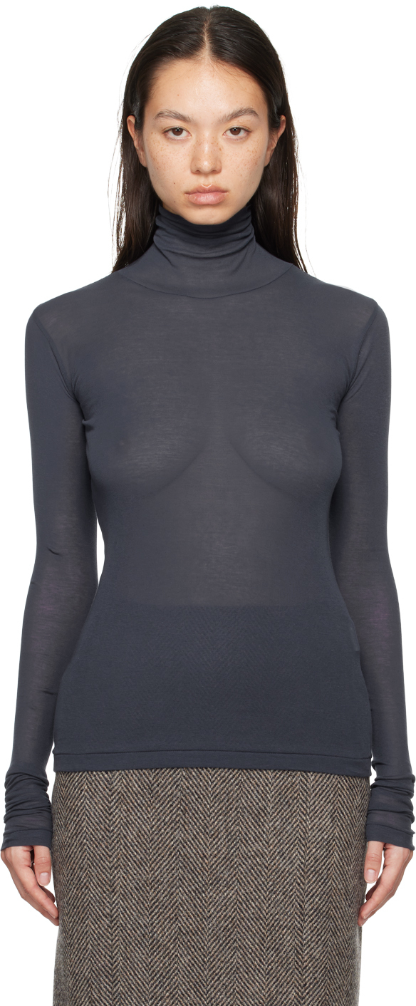 Black High Gauge Sheer Rib Turtleneck