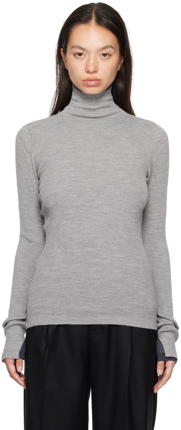 Gray Super Fine Wool High Gauge Rib Knit Turtleneck