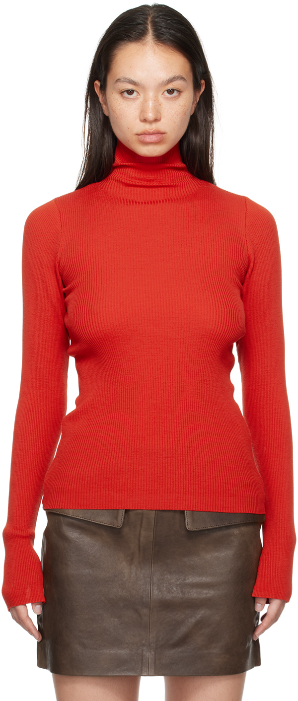 AURALEE: Red Super Fine Wool High Gauge Rib Knit Turtleneck | SSENSE