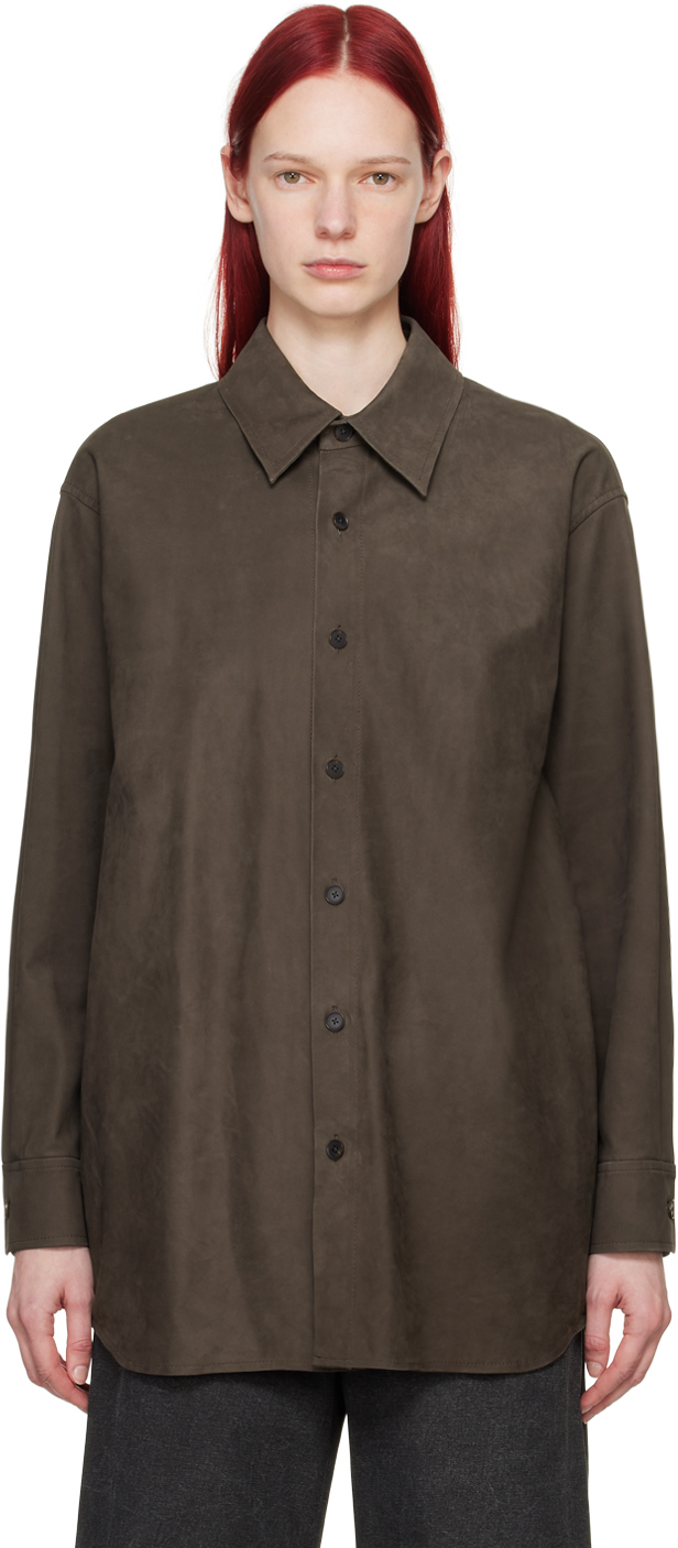 Auralee Brown Oversized Leather Shirt In Dark Brown