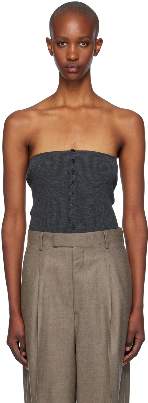 Gray Super Fine Wool High Gauge Rib Knit Bandeau Top