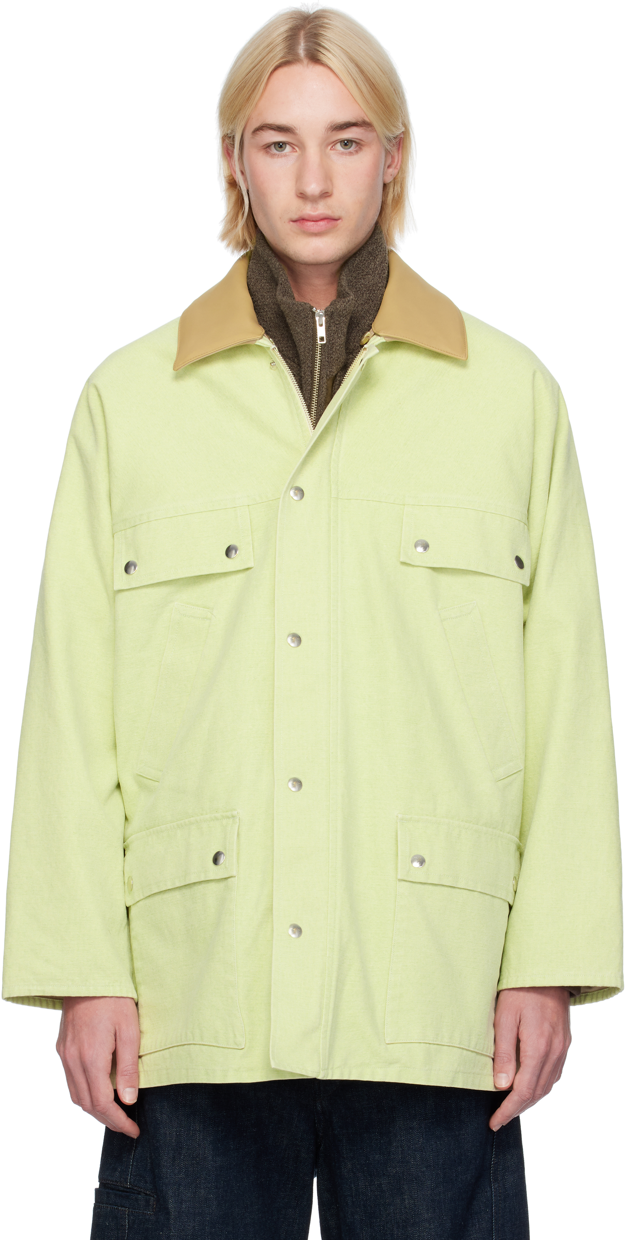 Shop Auralee Green Canvas Hunting Jacket In Lime Green