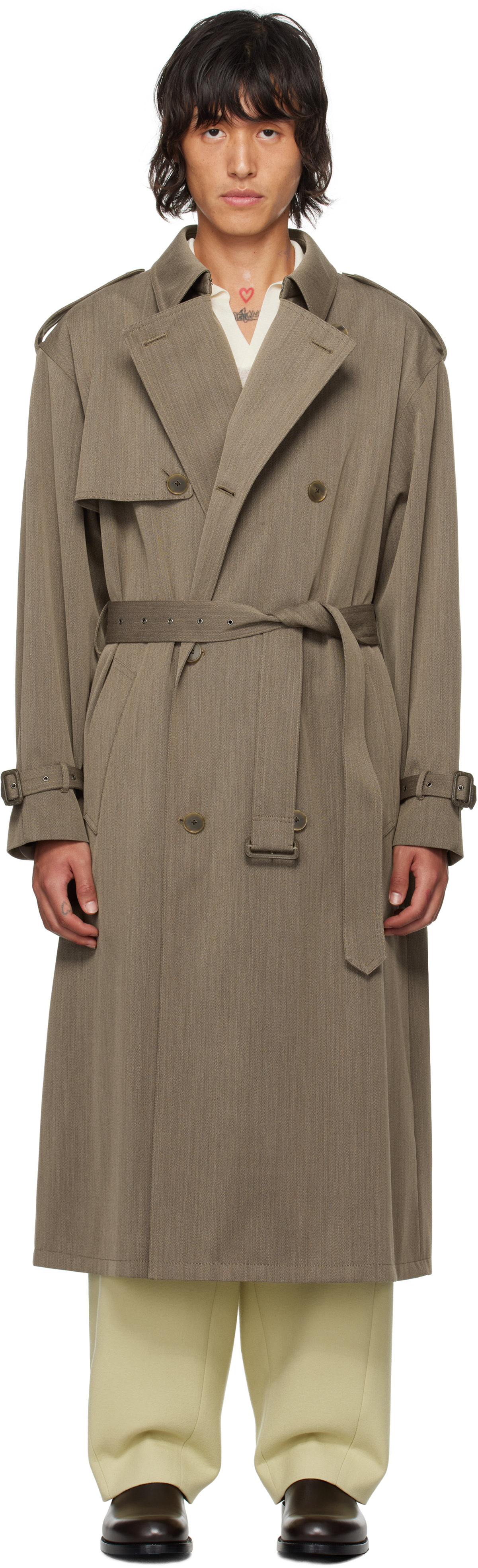 Shop Auralee Brown Wool Cavalry Twill Laminate Trench Coat In Olive Brown