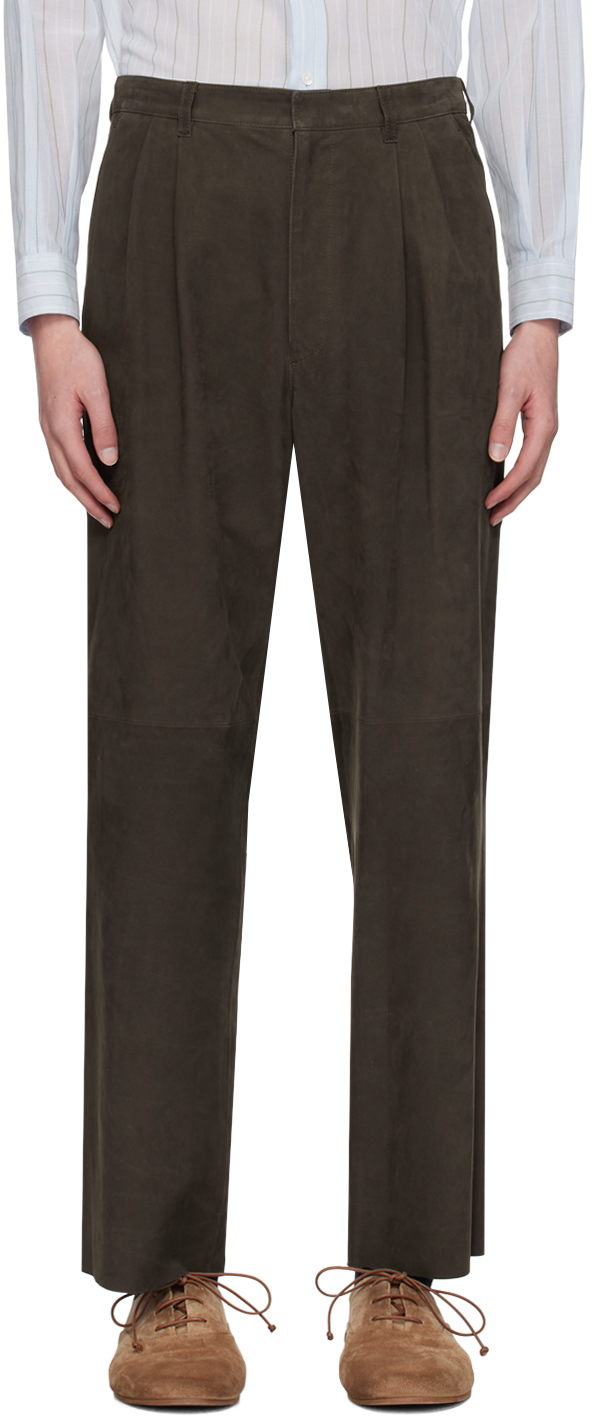 Auralee Brown Pleated Leather Pants In Dark Brown