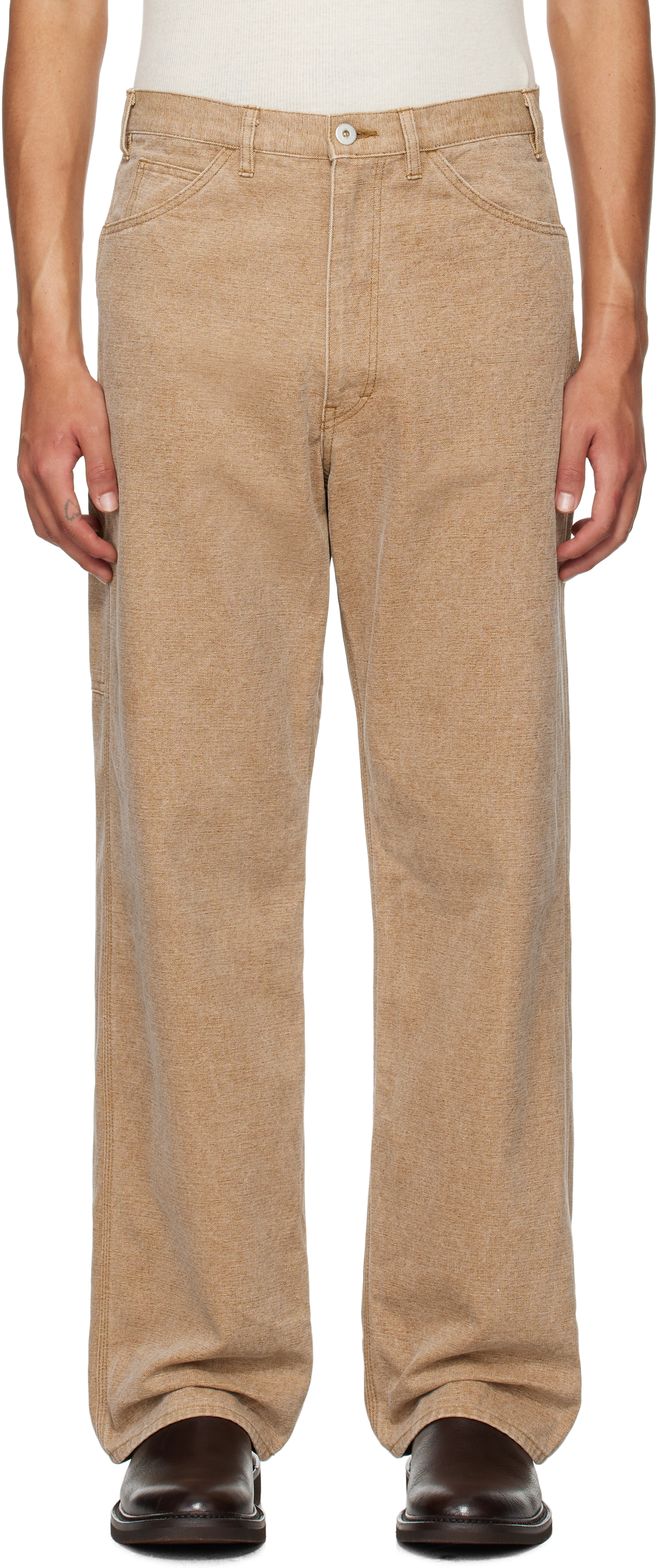 Shop Auralee Tan Washed Organic Canvas Trousers In Light Brown