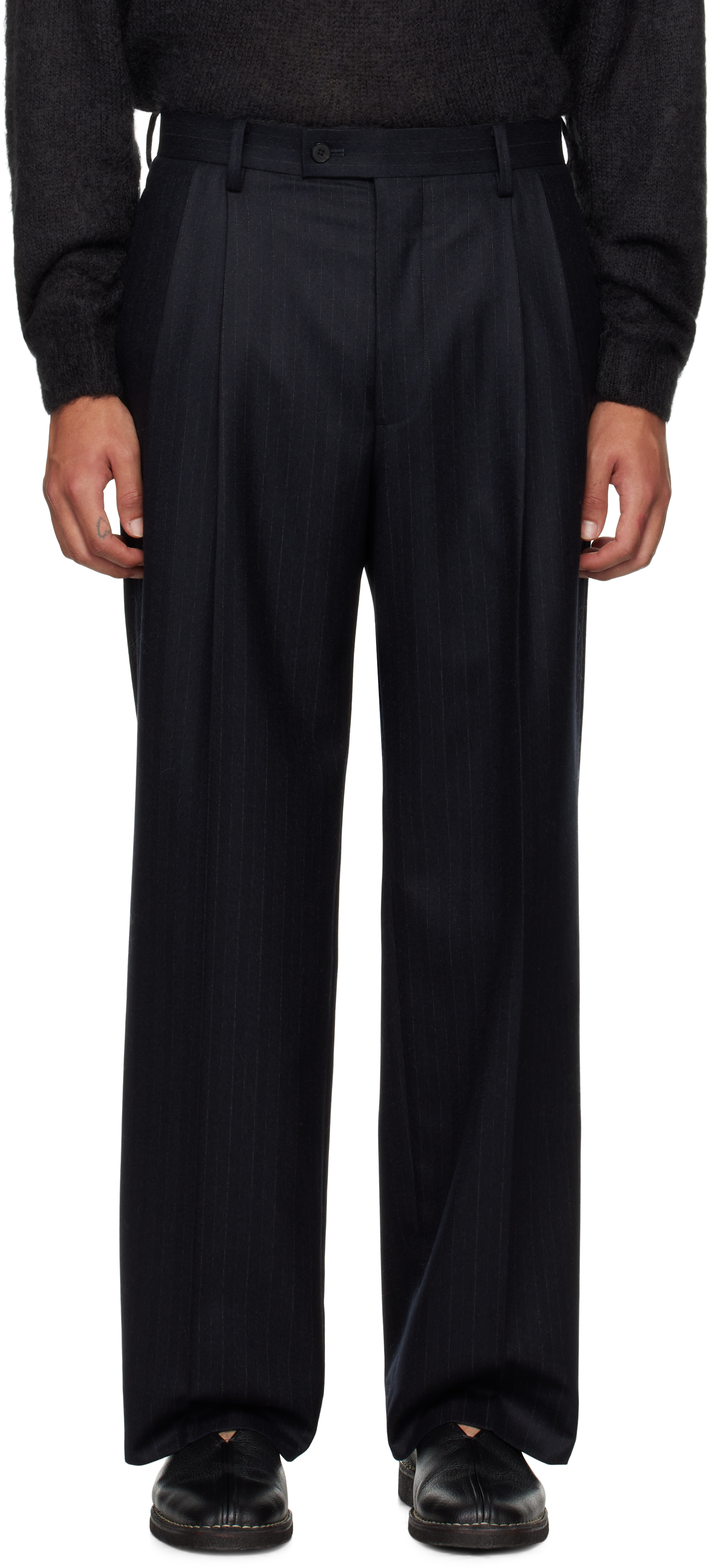 Shop Auralee Navy Wool Fulling Flannel Stripe Trousers In Top Dark Navy