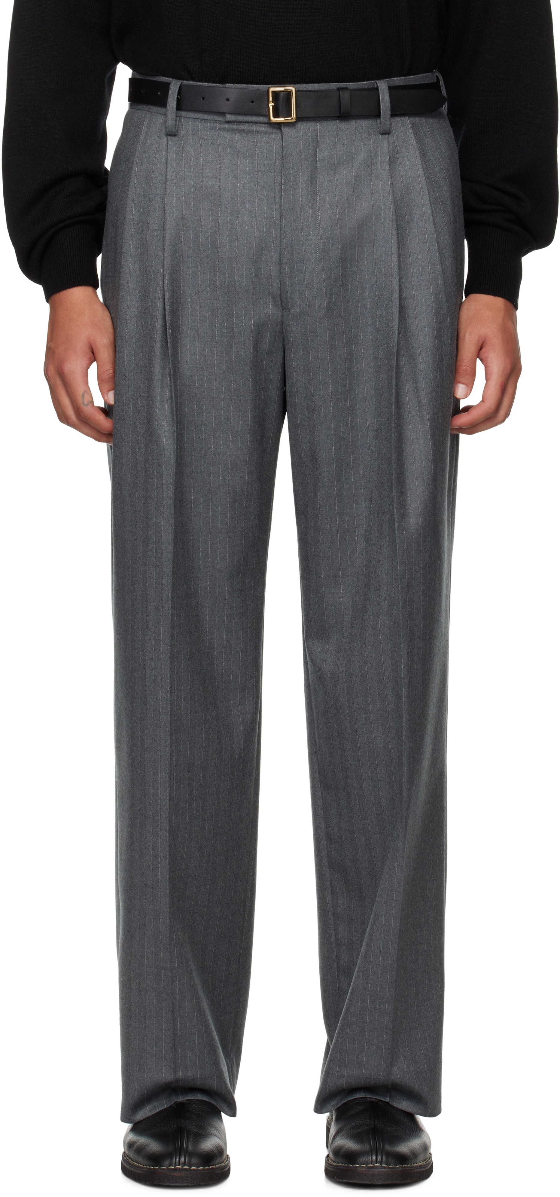 Shop Auralee Gray Wool Fulling Flannel Stripe Trousers In Top Gray