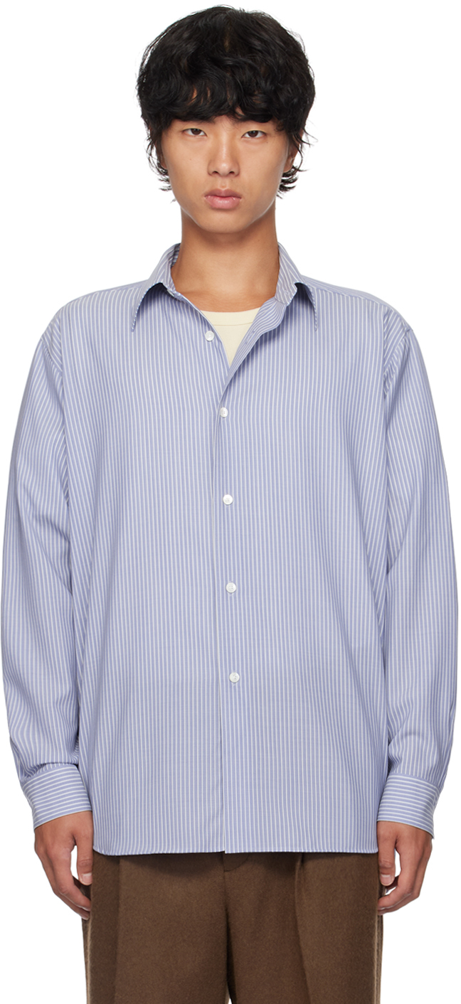 Shop Auralee Blue & White Wool Stripe Shirt In Sax Blue Stripe