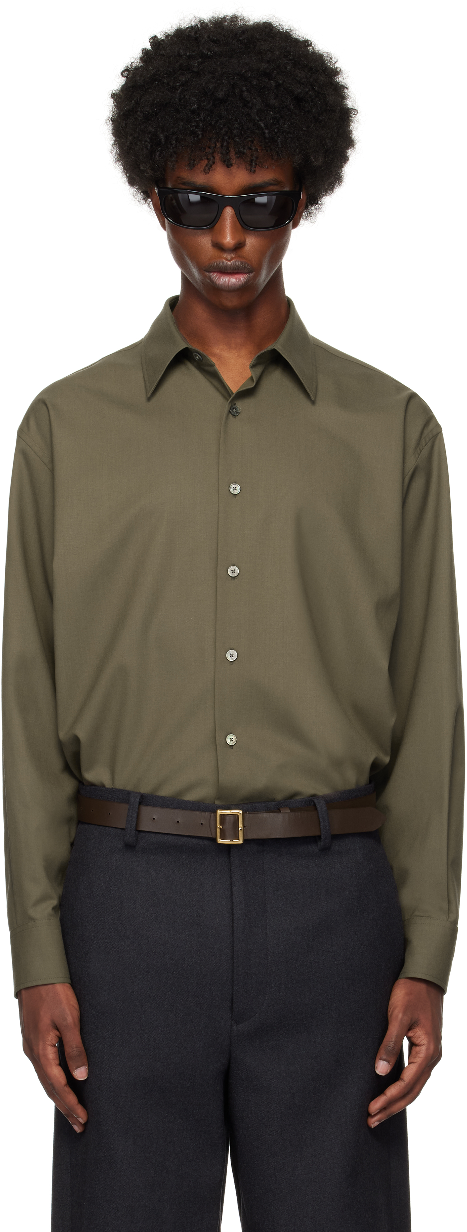 Shop Auralee Khaki Super Fine Tropical Wool Shirt In Dark Khaki