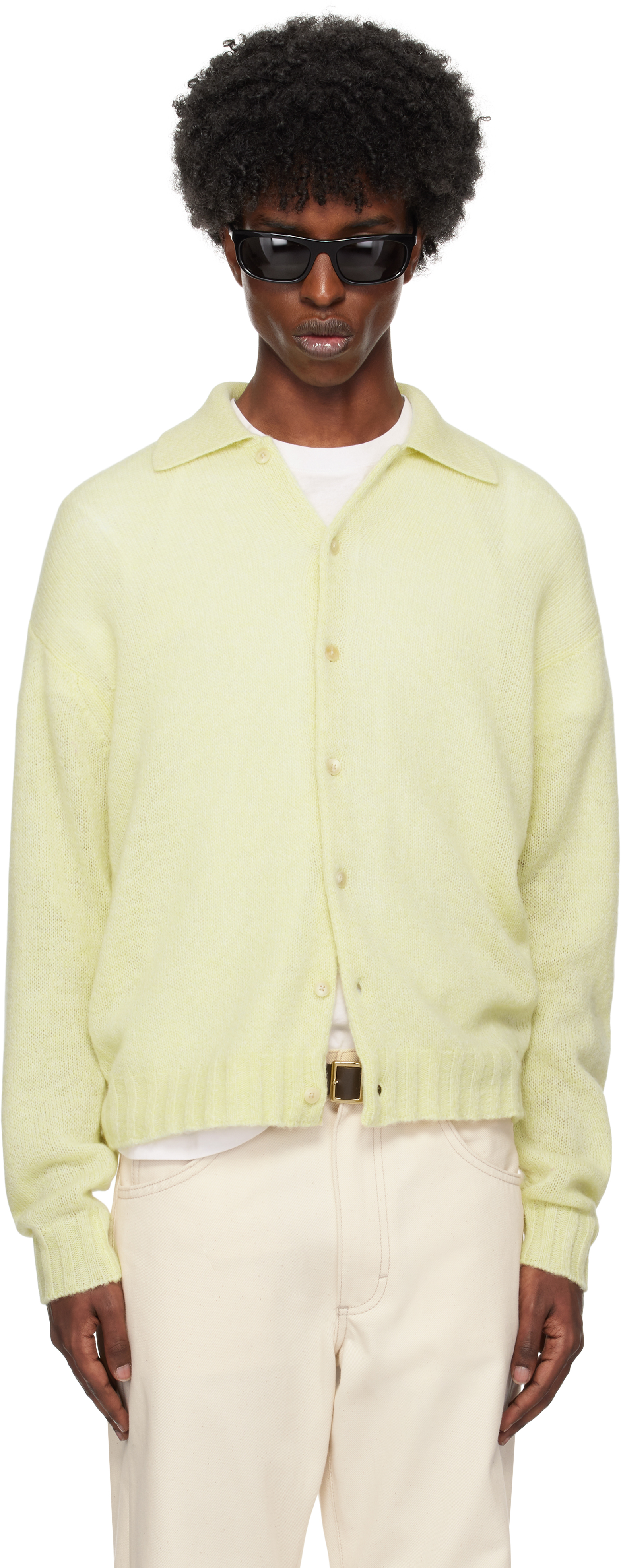 Shop Auralee Yellow Shetland Wool Cashmere Knit Cardigan In Light Yellow