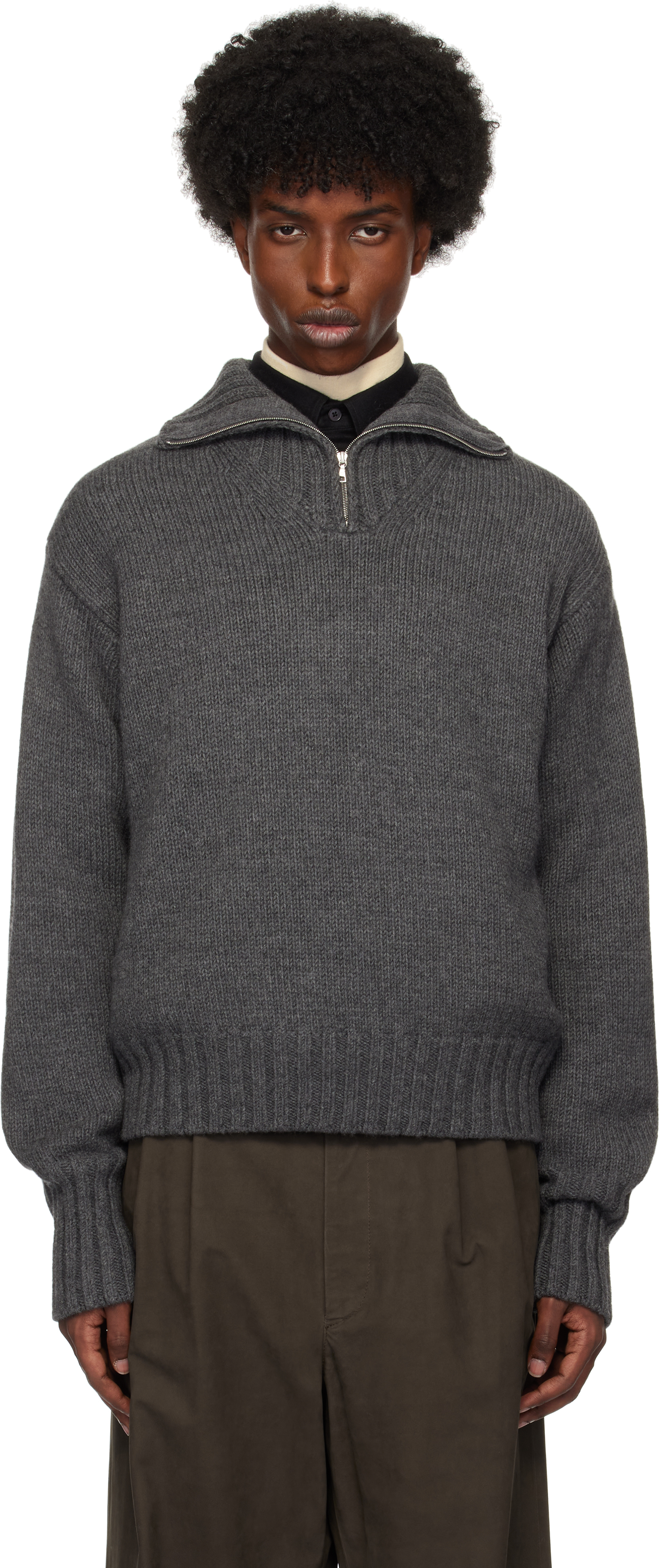 Shop Auralee Gray Wool Soft Cord Knit Half Zip Sweater In Top Charcoal