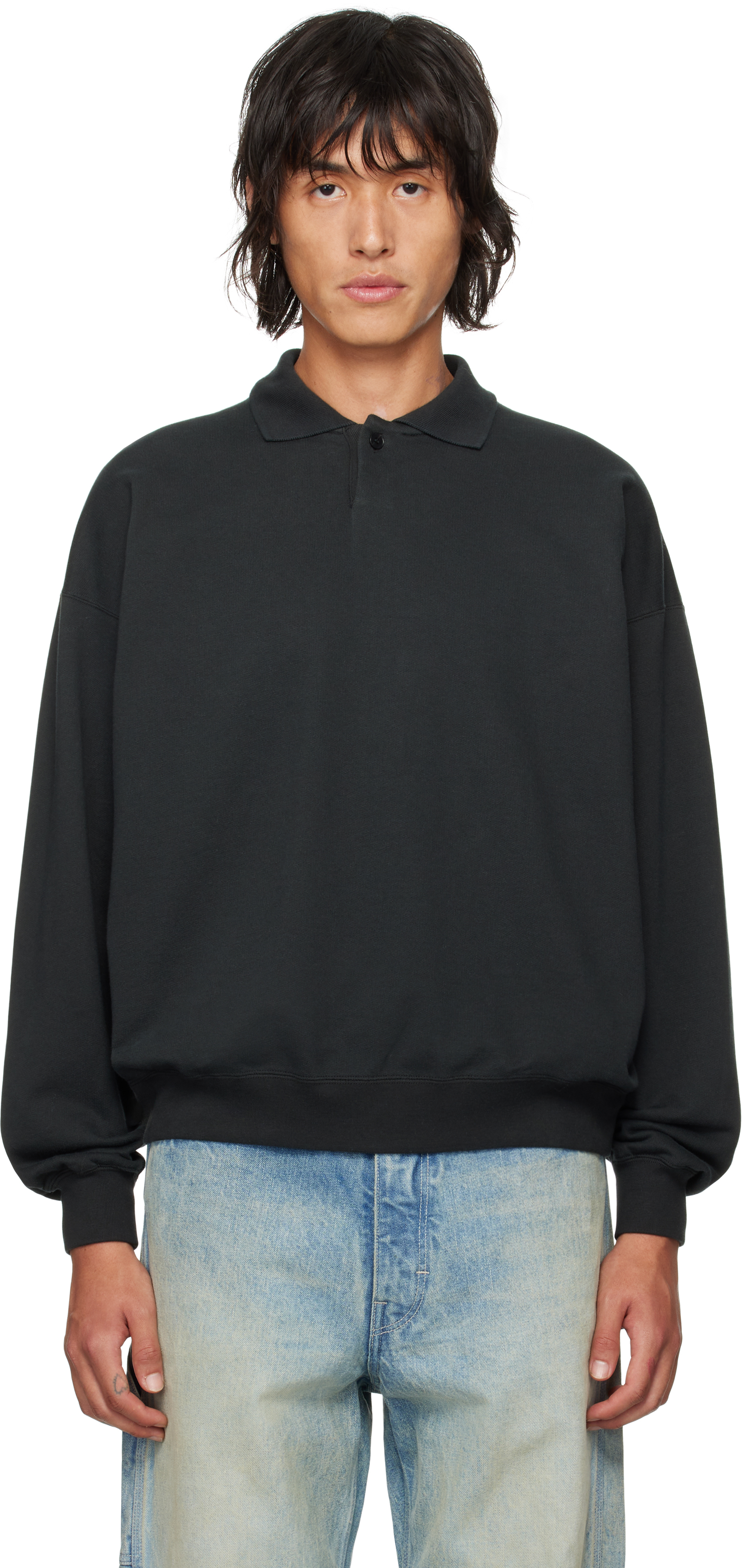 Shop Auralee Black Pima Light Sweat Polo In Ink Black