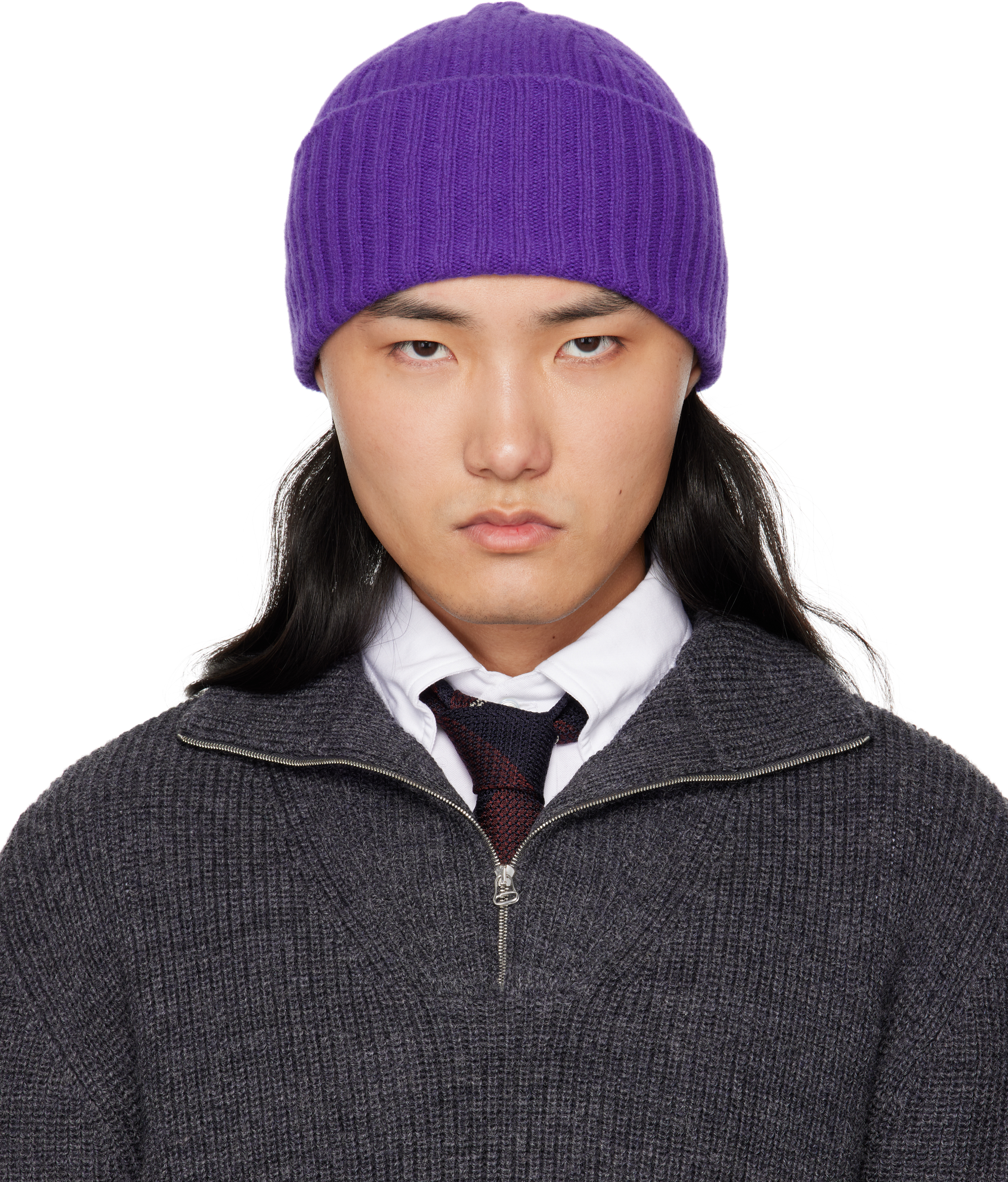 Purple Lambswool Ribbed Knit Beanie