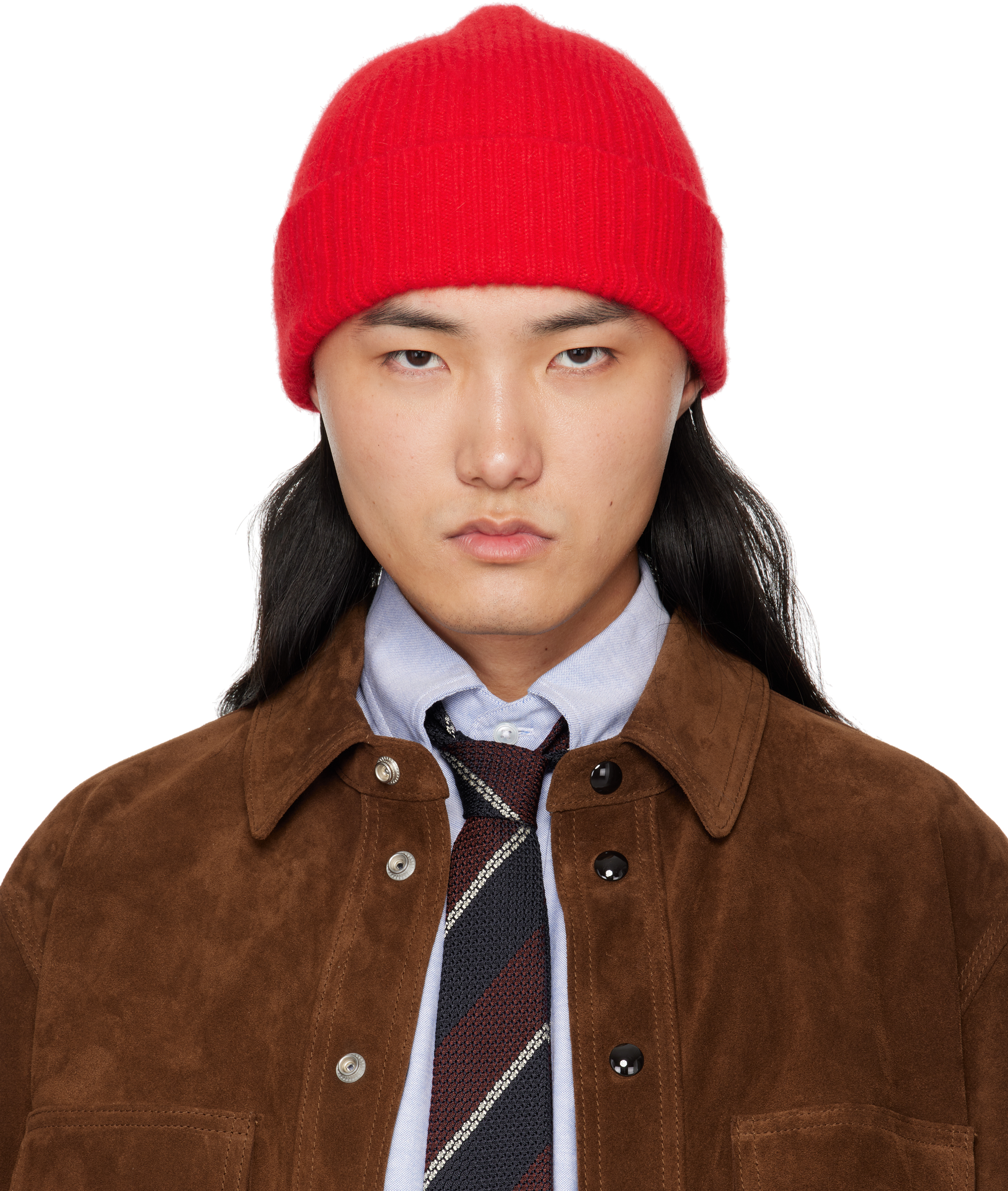 Shop Drake's Red Angora Lambswool Ribbed Knit Beanie In 700 Red