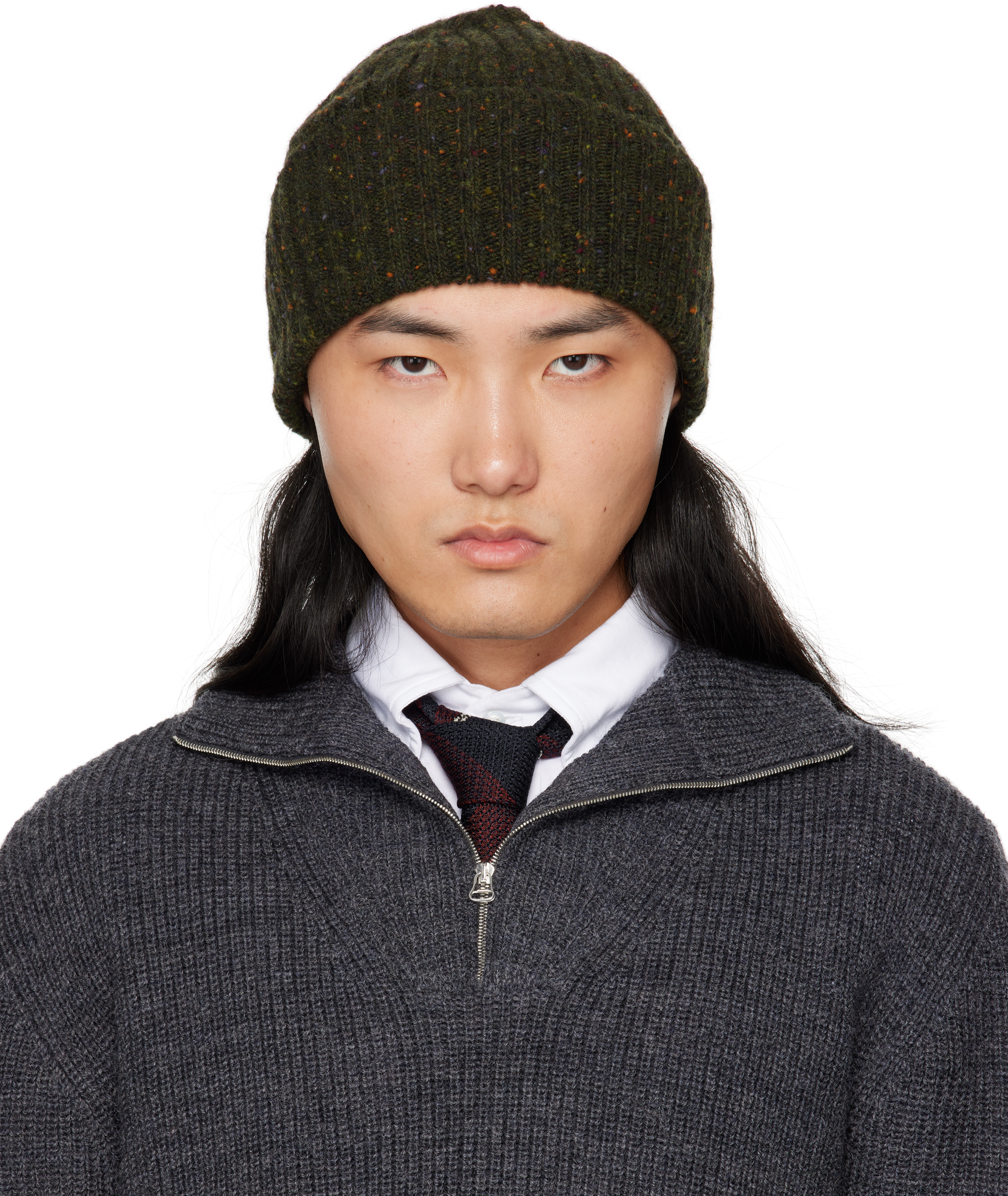 Drake's Green Ribbed Merino Donegal Knit Beanie