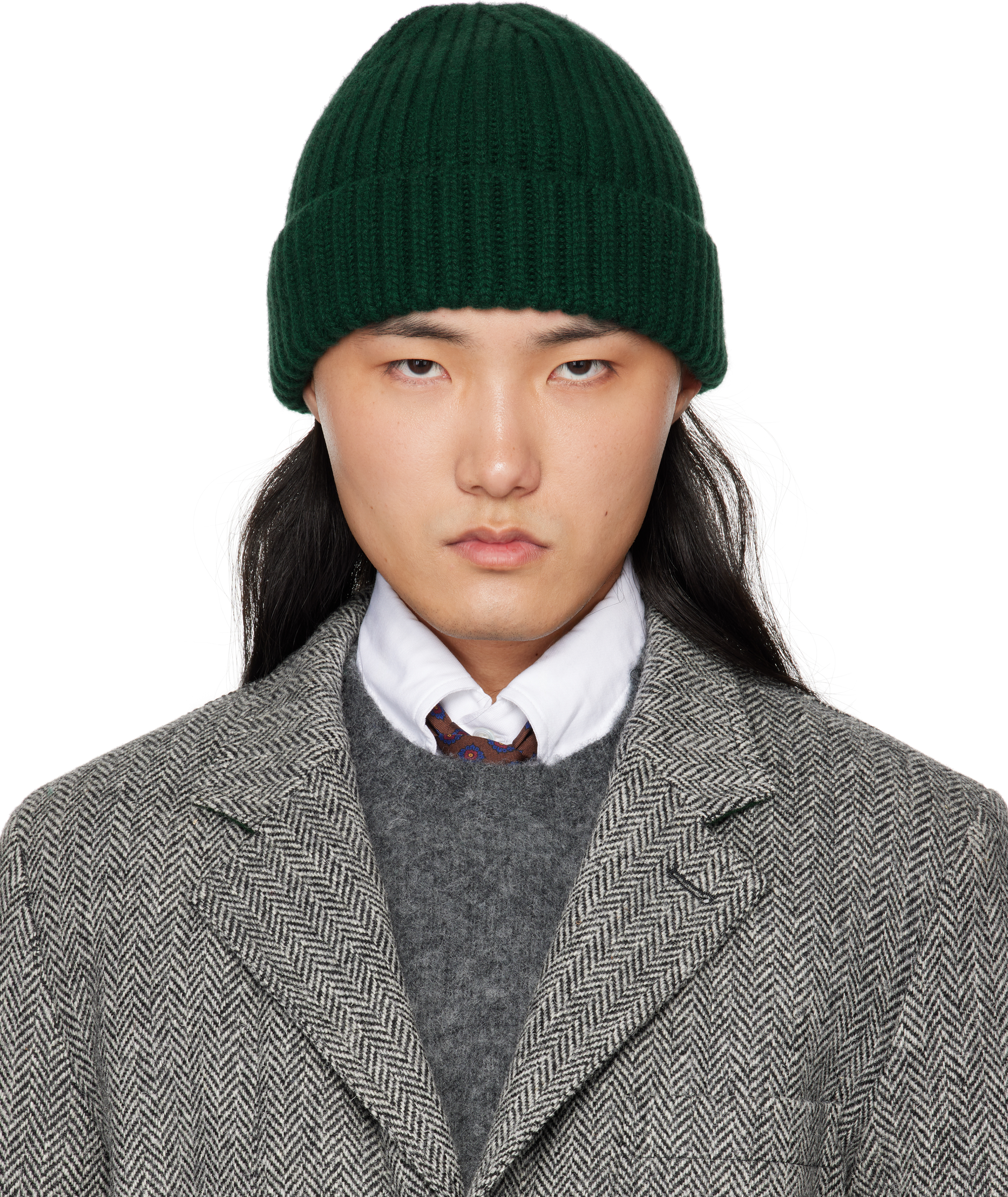 Shop Drake's Green Cashmere Ribbed Knit Beanie In 400 Green