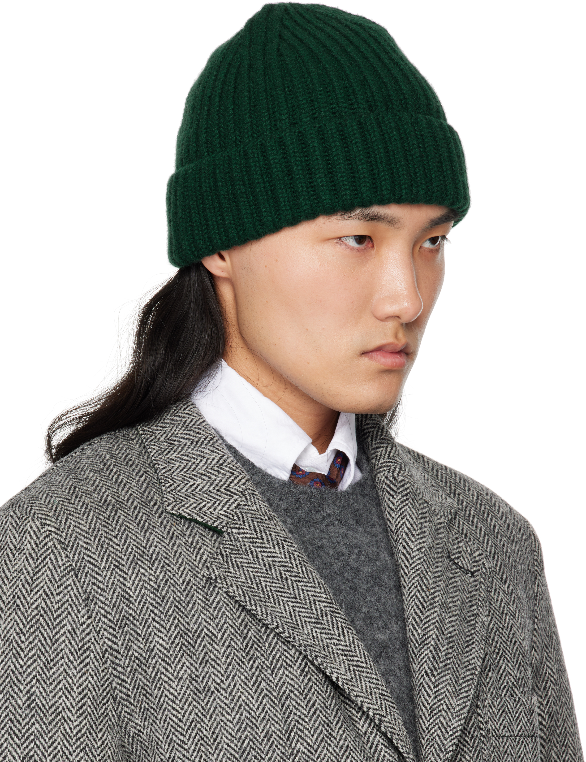 DRAKE'S GREEN CASHMERE RIBBED KNIT BEANIE 