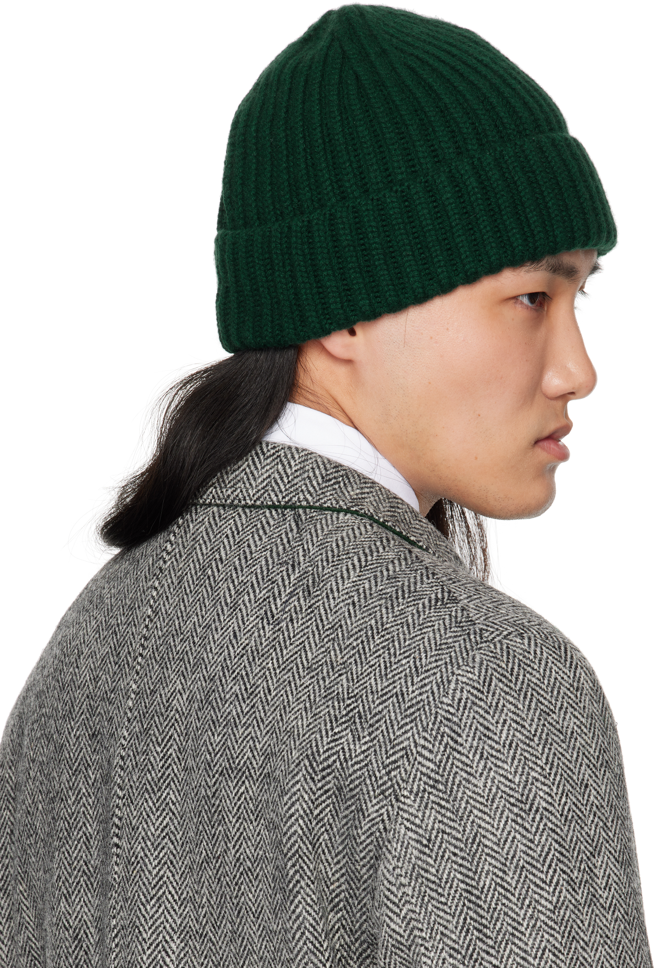 DRAKE'S GREEN CASHMERE RIBBED KNIT BEANIE 