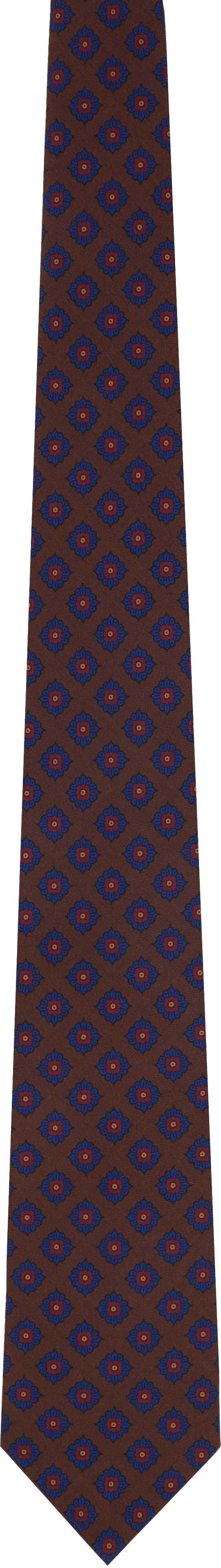 Brown Square Flower Medallion Print Silk Self Tipped Tie