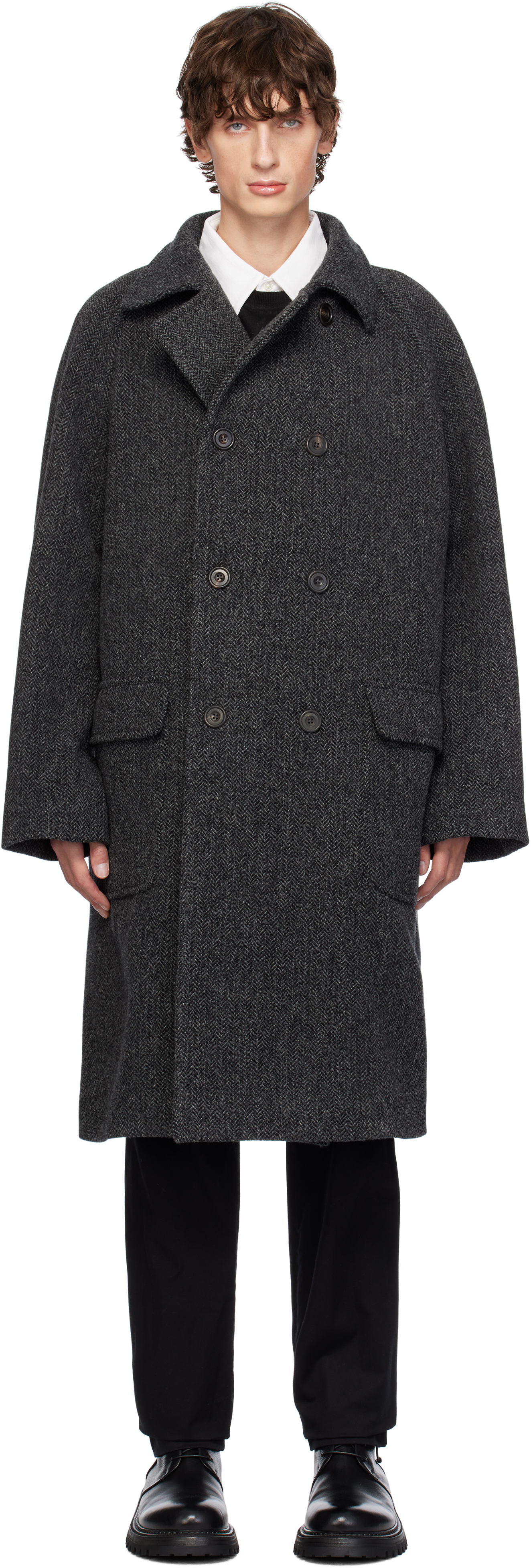 DRAKE'S GRAY HERRINGBONE WOOL DOUBLE-BREASTED RAGLAN COAT