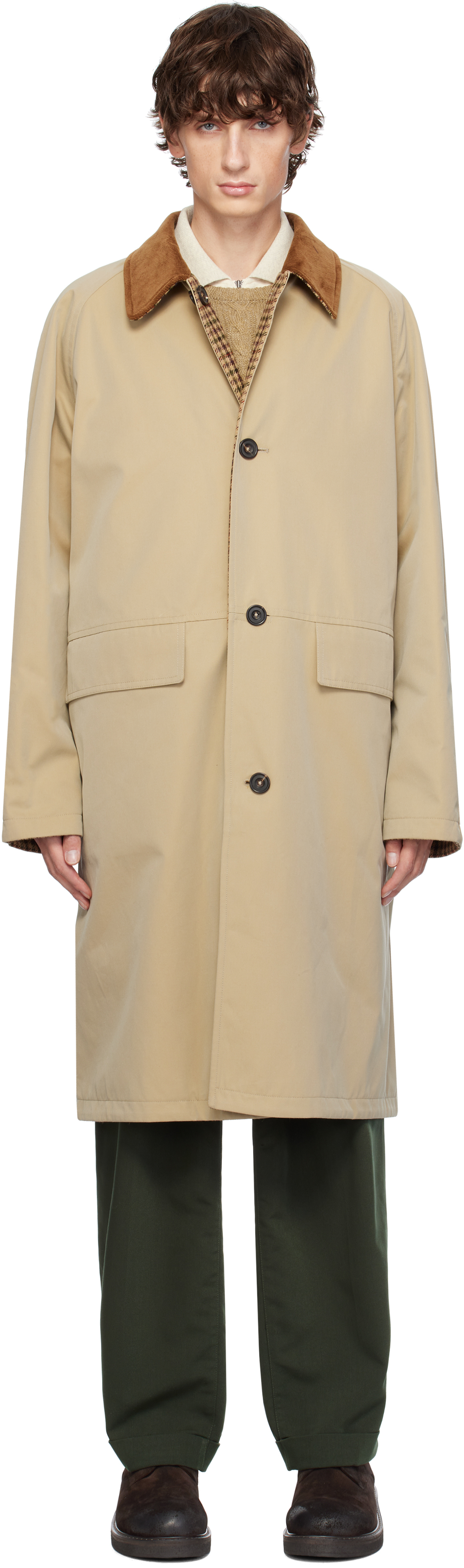 Beige Reversible Harris Tweed Cotton Raglan Mac Coat