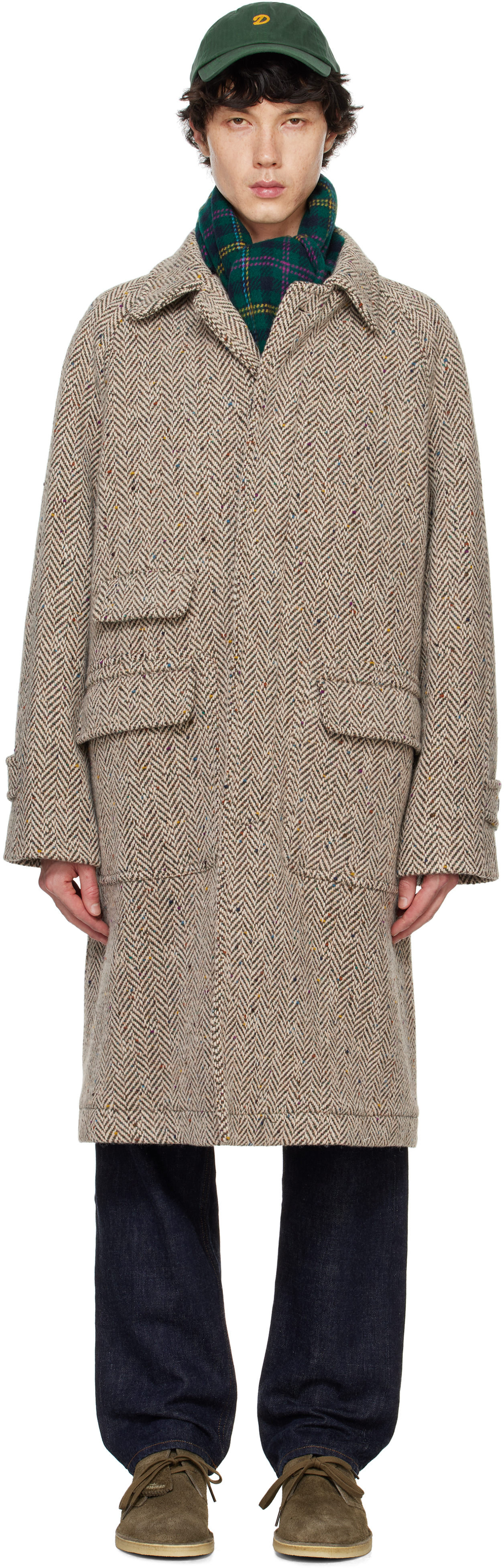 Shop Drake's Beige Herringbone Wool Raglan Coat In 300 Oat Fleck